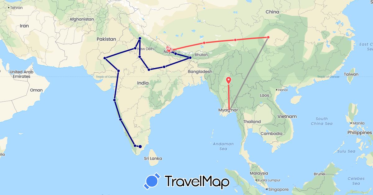TravelMap itinerary: driving, plane, hiking in China, India, Myanmar (Burma), Nepal (Asia)