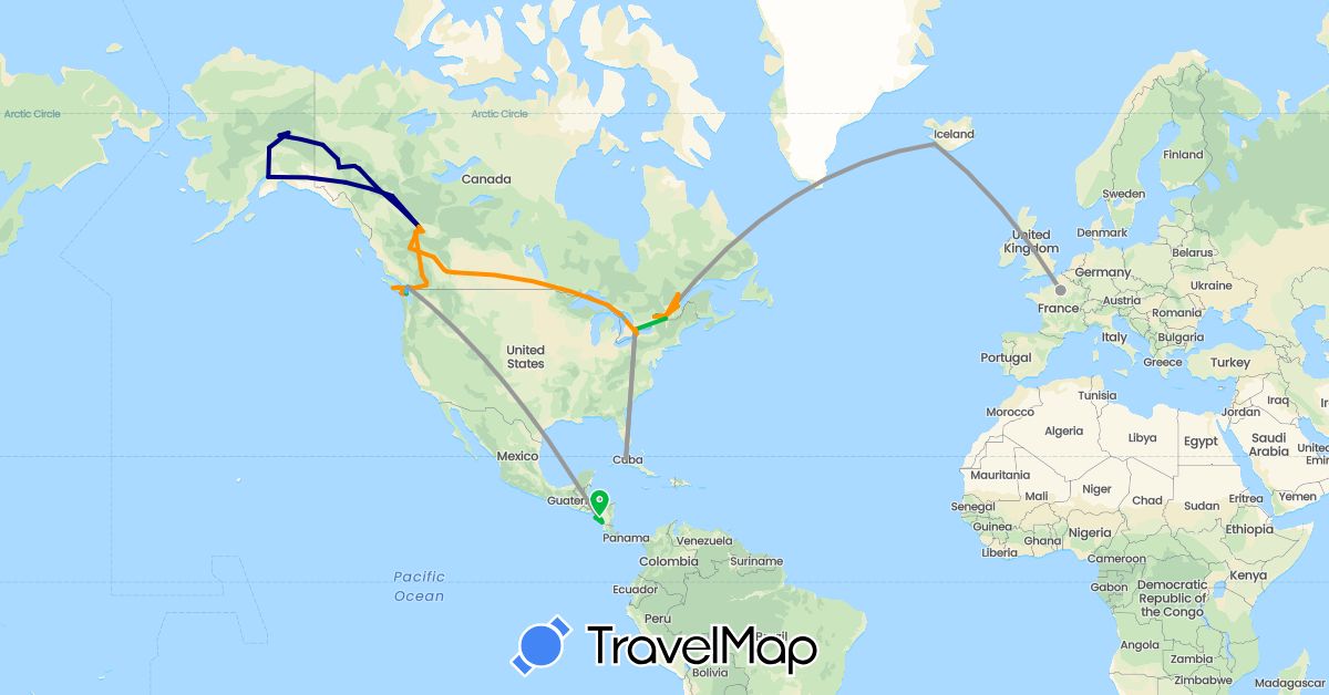 TravelMap itinerary: driving, bus, plane, hiking, boat, hitchhiking in Canada, Cuba, France, Iceland, Nicaragua, United States (Europe, North America)